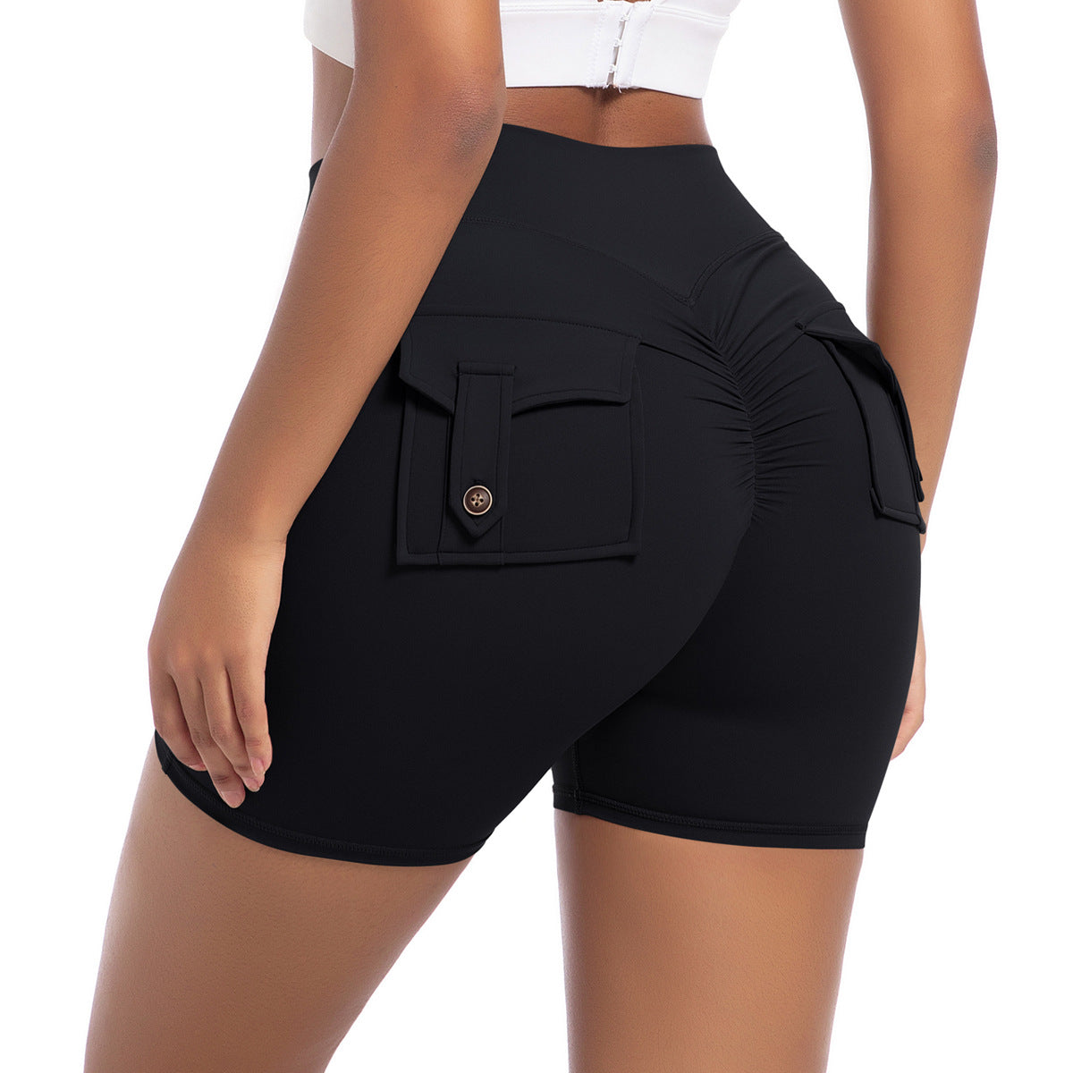 High Waisted Button Detail Yoga Shorts for Women Stretchy Comfortable and with Functional Pockets for Gym Running and Workouts Enhance Your Peachy Bottom