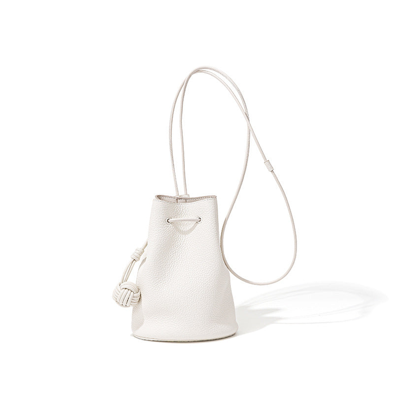 Chic Korean Style Drawstring Bucket Bag Genuine Leather Women's Minimalist Crossbody and Shoulder Bag in Grain Cowhide