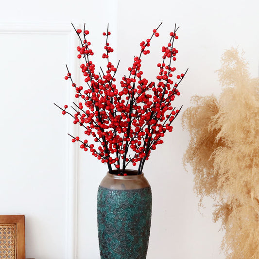 Vibrant Red Berry Faux Floral Arrangement - Lifelike Winterberry Table Decor for Home Staging, Dining Rooms, and Living Room Accents