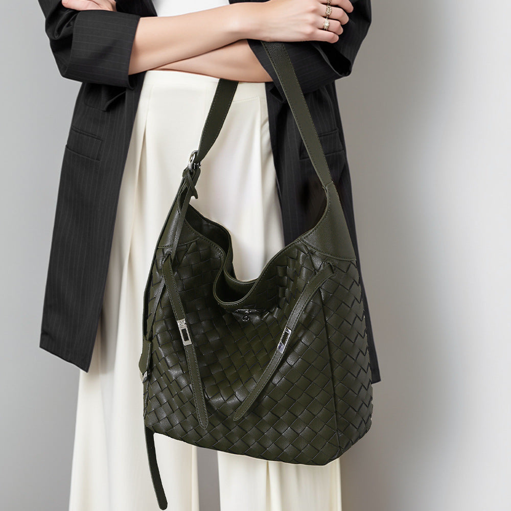 Genuine Leather Handwoven Large Capacity Crossbody Bag Commuter Tote and Casual Shoulder Bag for Women