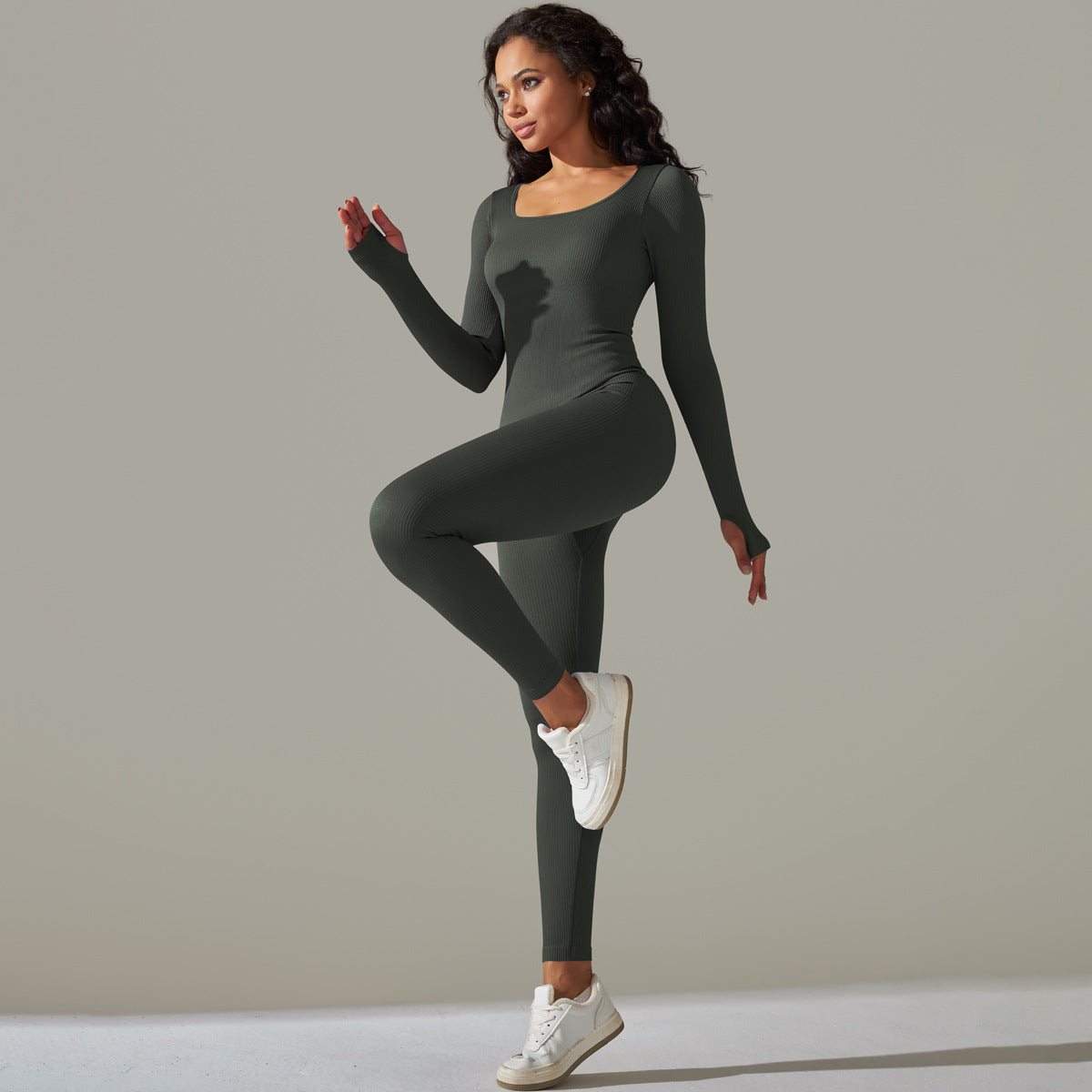 Seamless Knit Square Neck Long Sleeve Yoga Jumpsuit Ribbed Athletic Bodysuit for Comfort and Performance