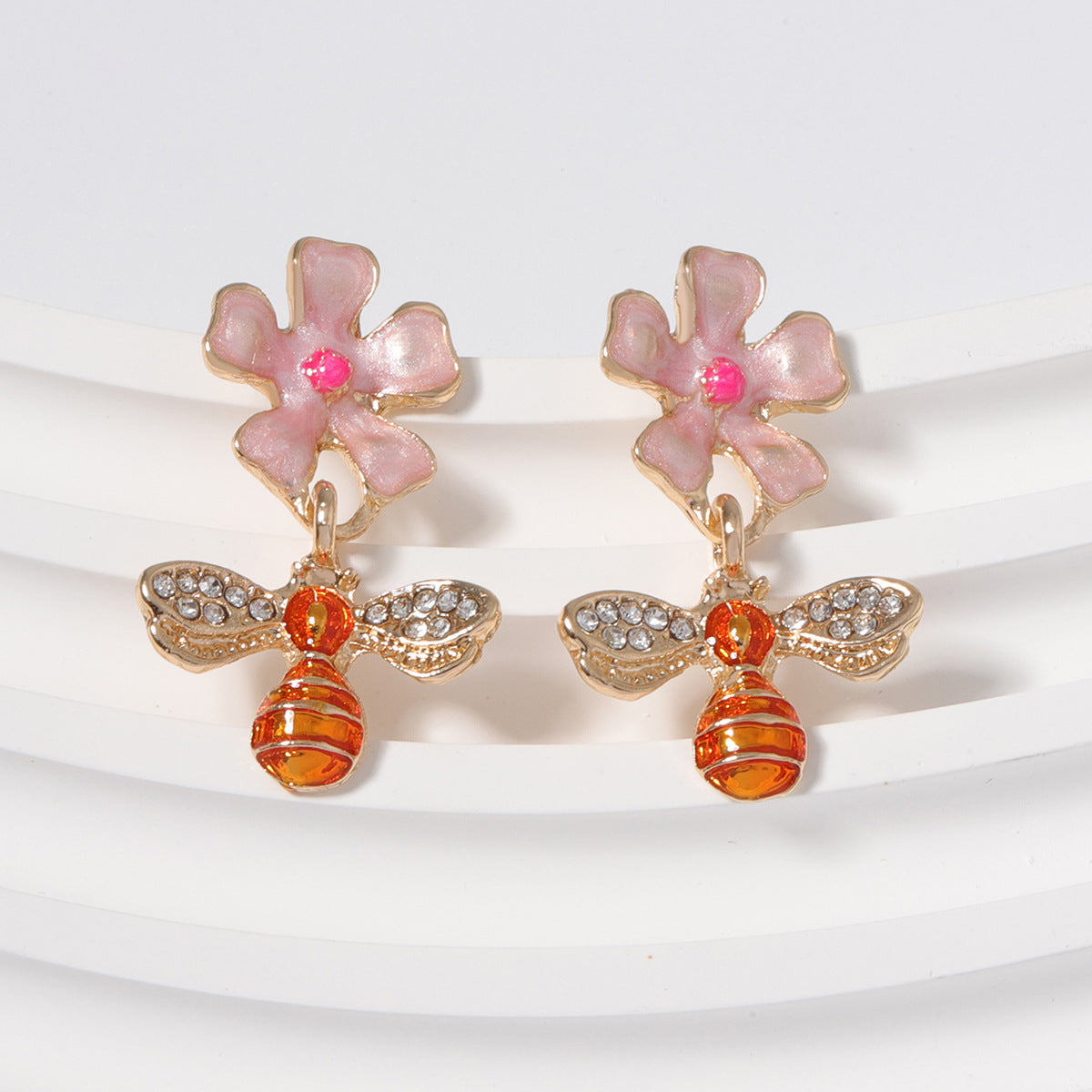 Chic Minimalist Bee and Flower Drop Earrings with Sparkling Rhinestones - Trendy and Unique Floral Jewelry for Women