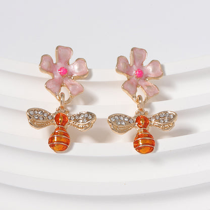Chic Minimalist Bee and Flower Drop Earrings with Sparkling Rhinestones - Trendy and Unique Floral Jewelry for Women