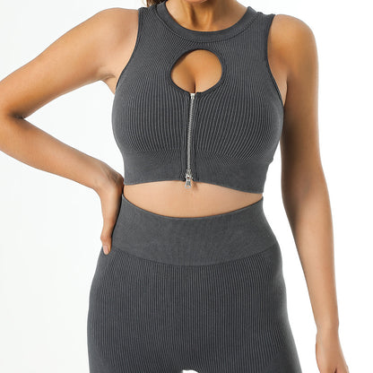 Women's High Impact Sports Bra and Yoga Outfit Dual Layer Zip Up Supportive Tank Top with Anti Shock Design and Stretchy Shorts for Comfort and Versatility