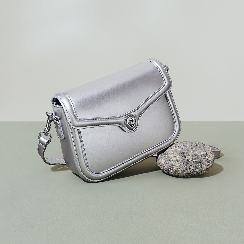 Chic Korean Inspired Designer Tofu Bag Fashionable Silver Lock Closure Real Leather Shoulder and Crossbody Purse for Women