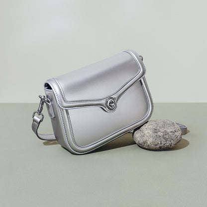 Chic Korean Inspired Designer Tofu Bag Fashionable Silver Lock Closure Real Leather Shoulder and Crossbody Purse for Women