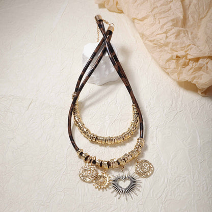 Chic Vintage-Inspired Double-Layer Alloy Pendant Necklace with Heart and Geometric Cut-Outs | Stylish Leather Chain for Women