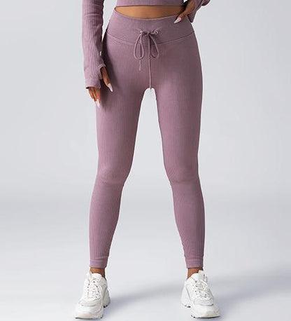 Chic Solid Color Zip Up Long Sleeve Fitness Set with Drawstring High Elastic Slim Fit Yoga Pants for Women for Fashionable Workouts and Daily Wear