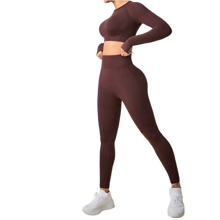 Seamless Women's Yoga Outfit Set for Fall Winter Long Sleeve Stretchy Activewear Top Leggings for Outdoor Sports and Fitness