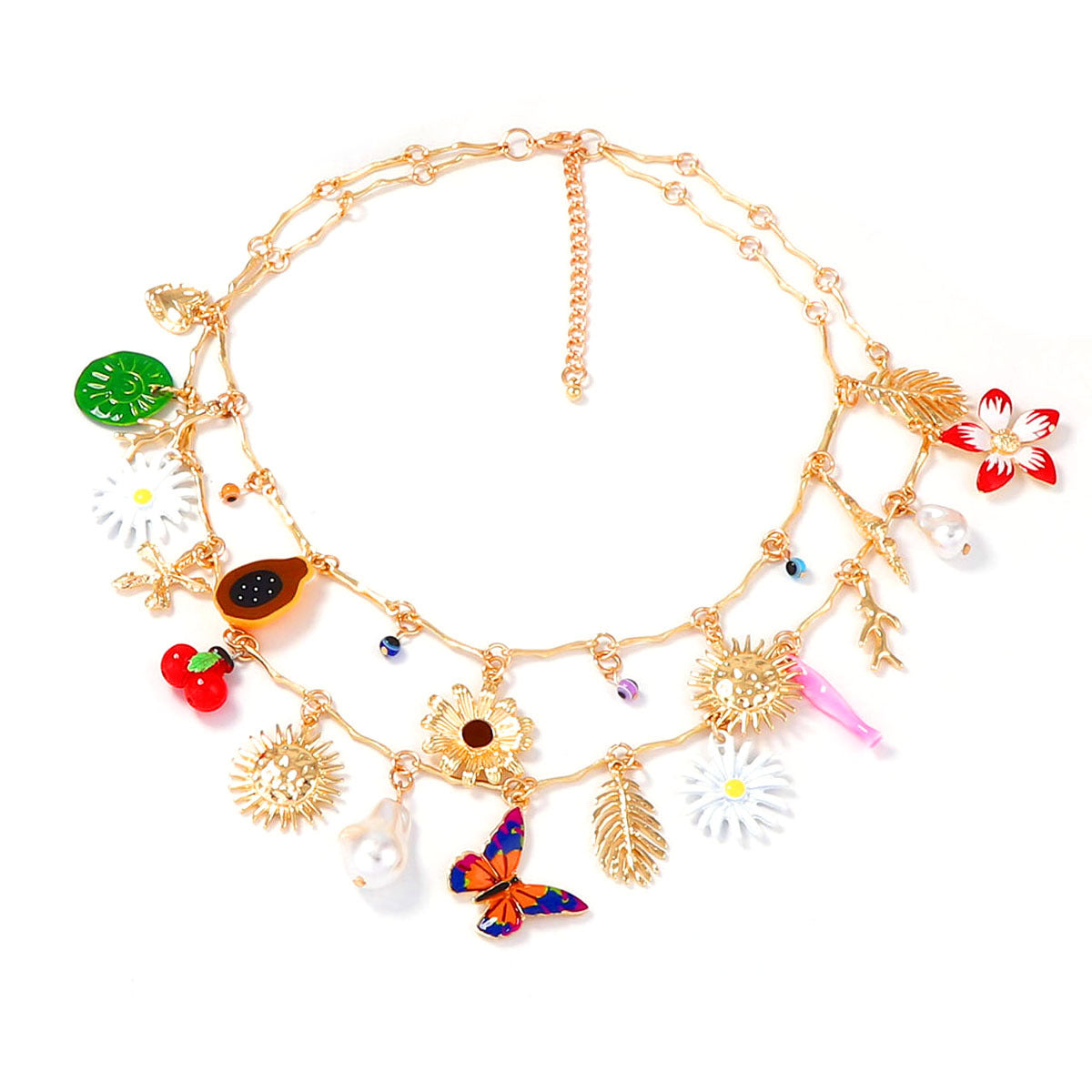 Charming Personalized Metal Chain Oil Droplet Alloy Butterfly Flower and Sunflower Imitation Pearl Pendant Necklace for Women - Unique Fashion Statement Jewelry