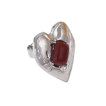 Vintage-Inspired Heart-Shaped Open Design Ring with Genuine Red Ruby Inlay - Timeless Alloy Jewelry for Women