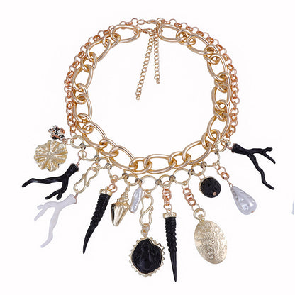 Stylish Ocean-Inspired Double-Layered Turtle and Coral Necklace with Faux Pearl Accents – Perfect for Casual Vacations and Beach Getaways!