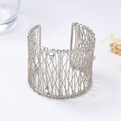 Exaggerated Chic Minimalist Metal Mesh Wide Band Open-Back Women's Bracelet with Micro-Set Zircon Stones - Perfect for Every Occasion!