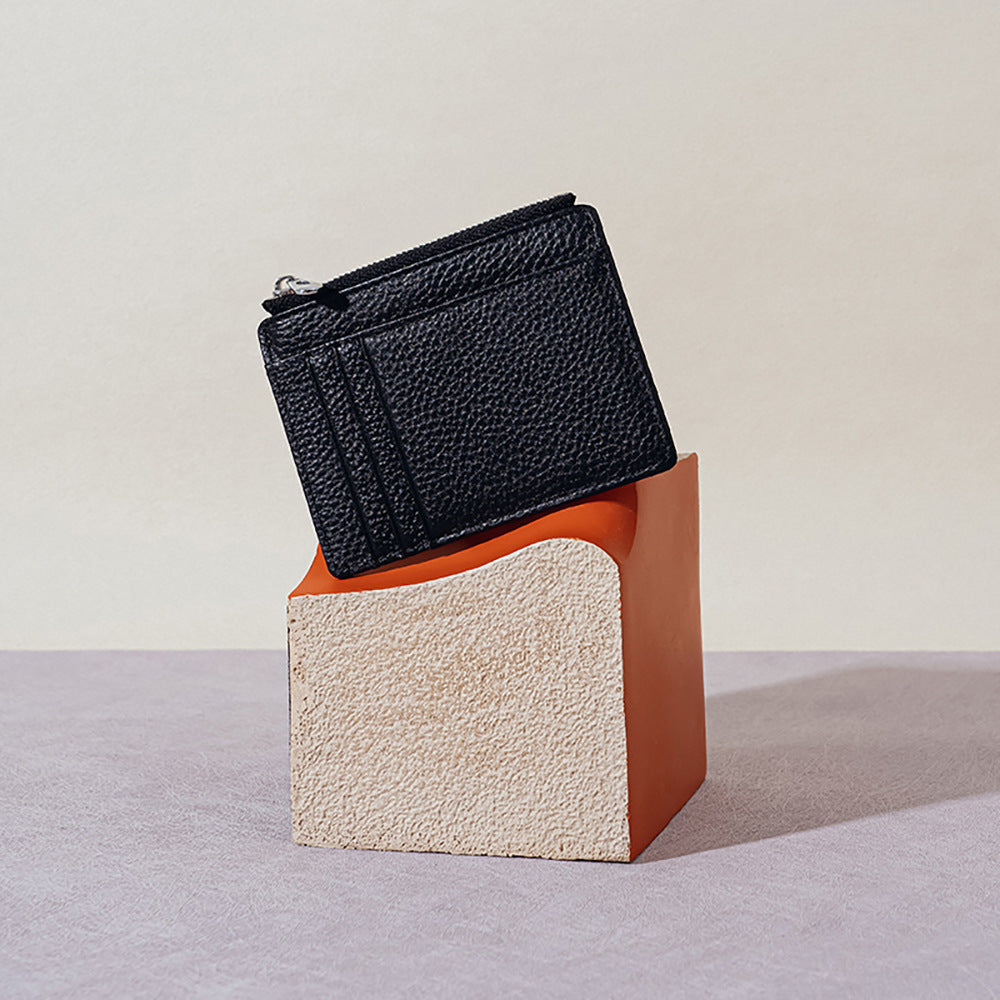 Women's Lychee Grain Top Layer Cowhide Card Holder Slim Multi Card Slots Genuine Leather ID Wallet Korean Minimalist Design for Cash and Coins