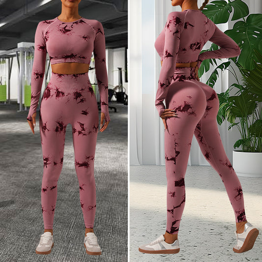 Women's Tie Dye Yoga Set Long Sleeve Fitness Top Peach Butt Lift Leggings Comfortable Breathable and Stretchable for Optimal Performance