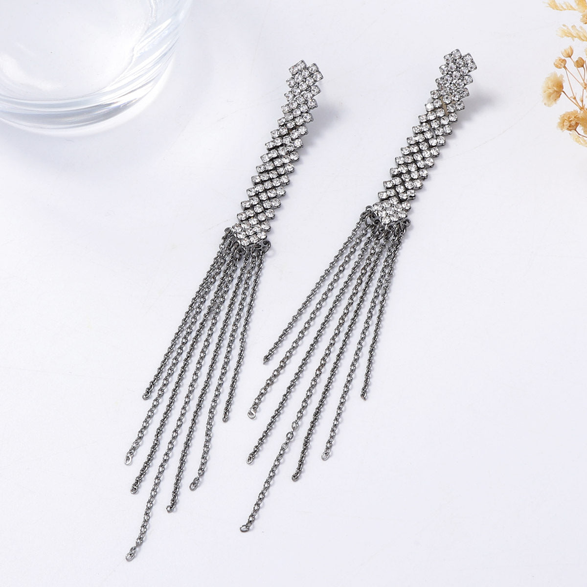 Exquisite Lightweight Luxury Alloy Geometric Rhinestone Tassel Long Dangle Earrings - Versatile Statement Pieces for Evening Events and Parties