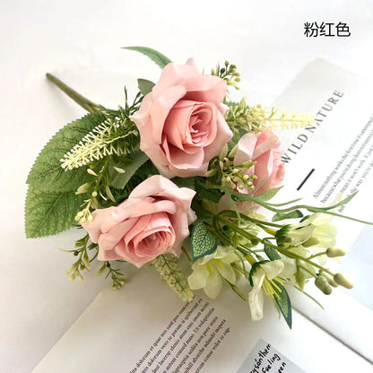 Realistic 3-Head Ruffled Rose & Persian Peony Bouquets - Beautifully Crafted Korean Style Artificial Flowers for Home Decor & Wedding Arrangements