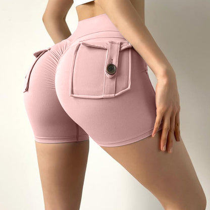 High Waisted Peach Butt Lift Cargo Shorts for Women Elastic Button Closure Yoga Pants for Quick Dry Comfort in Running and Fitness Activities