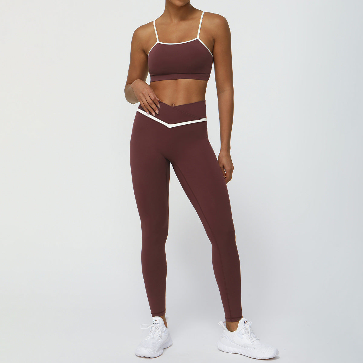 Color Block Yoga Outfit Set High Waisted Butt Lifting Fitness Wear with Cross Waist Design for Comfort and Flexibility