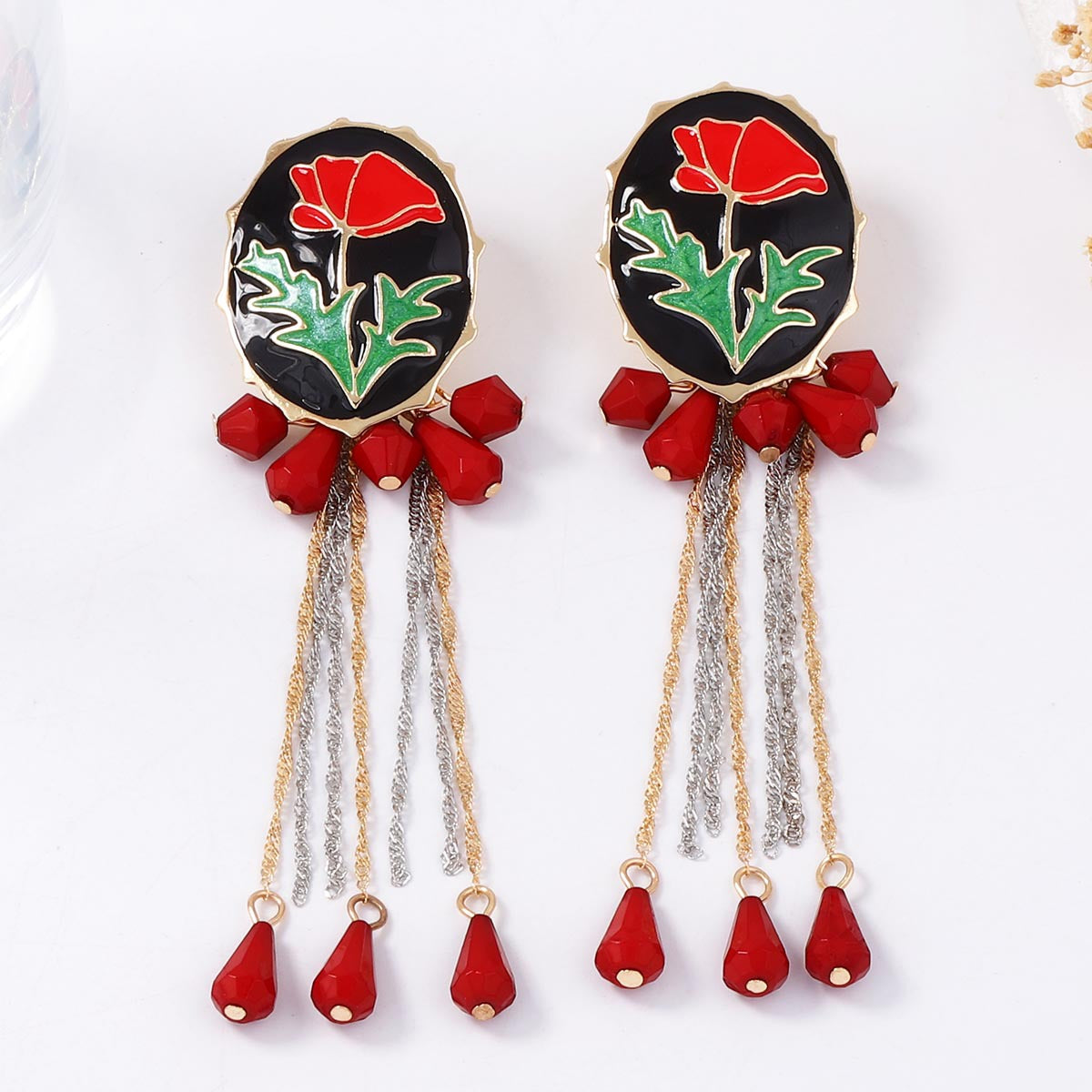 Elegant Retro-Style Alloy Drop Oil Flower Tassel Geometric Water Drop Pendant Earrings - Unique Artistic Design for Fashion Enthusiasts