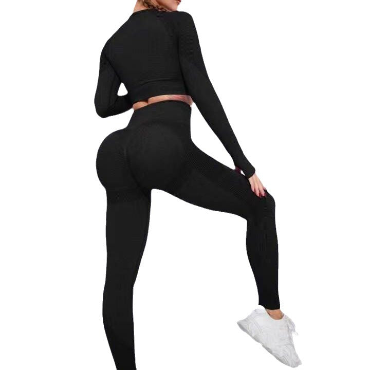 Seamless Fall Winter Peach Lift Leggings and Long Sleeve Top 2 Piece Yoga Set for Running Fitness and Workout Enthusiasts