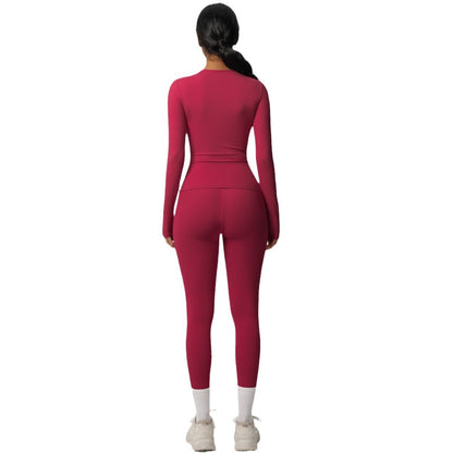 Women's High Waisted Peach Butt Yoga Set Softly Brushed Long Sleeve Top Sculpting Leggings for Intense Workouts