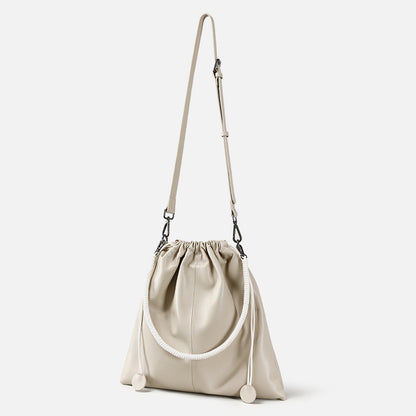 Genuine Leather Women's Shoulder Bag with Pleated Drawstring Design Spacious Soft Leather Crossbody Purse for Everyday Use