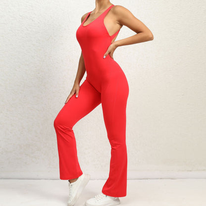 High Performance All in One Bodysuit with Beautiful Back Design Ultra Stretchy Fitness Jumpsuit with Flared Pants for Yoga and Active Wear