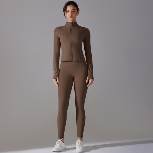 Solid Color Antibacterial Zipper Jacket and Yoga Pants Set for Comfort in Running and Fitness Two Piece Athletic Wear