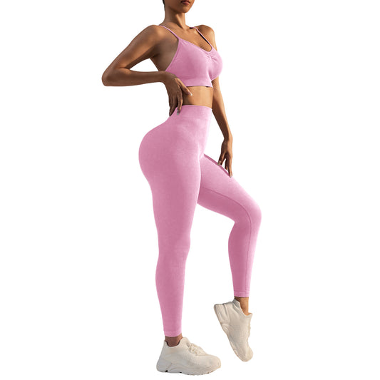 Seamless Ribbed Yoga Sports Bra and Leggings Set Women's Fitness Training Outfit for Comfort Peach Butt Lift and Style