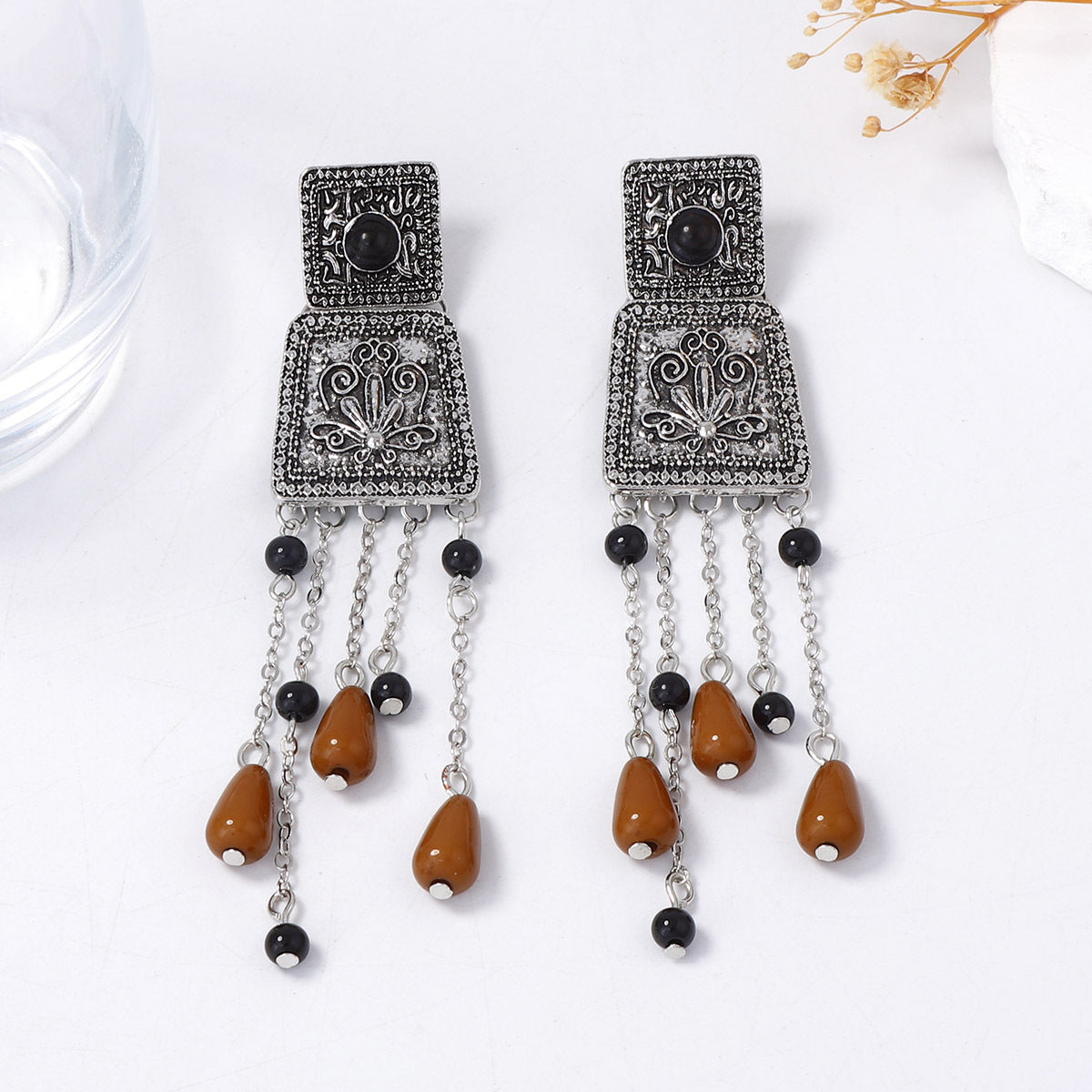 Elegant Retro Bohemian-Style Long Tassel Pendant Earrings with Geometric Floral Alloy Elements – Perfect for Any Occasion