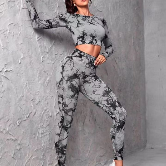 Fall Winter Seamless Tie Dye Yoga Workout Long Sleeve High Waisted Peach Lift Leggings Set for Women Performance and Comfort