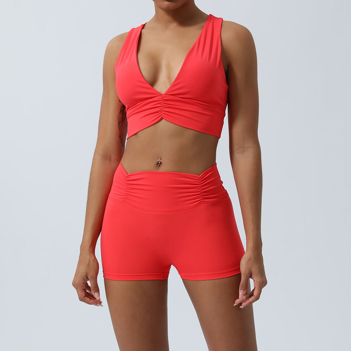 Spring Summer Yoga Set Beautiful Back Sports Bra with Ruching and High Waisted Mid Length Shorts for Comfort and Performance