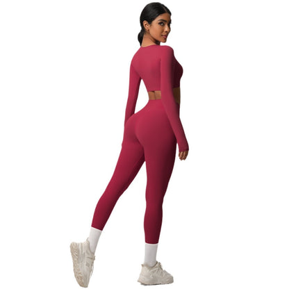 Soft Brushed Compression Workout Set Long Sleeve Top Full Length Leggings for Running Training and Yoga