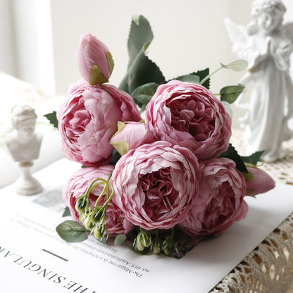 Stunning 5-Head Mini Peony & Persian Rose Bouquet – Realistic Home Decor & Wedding Flowers for Lasting Beauty