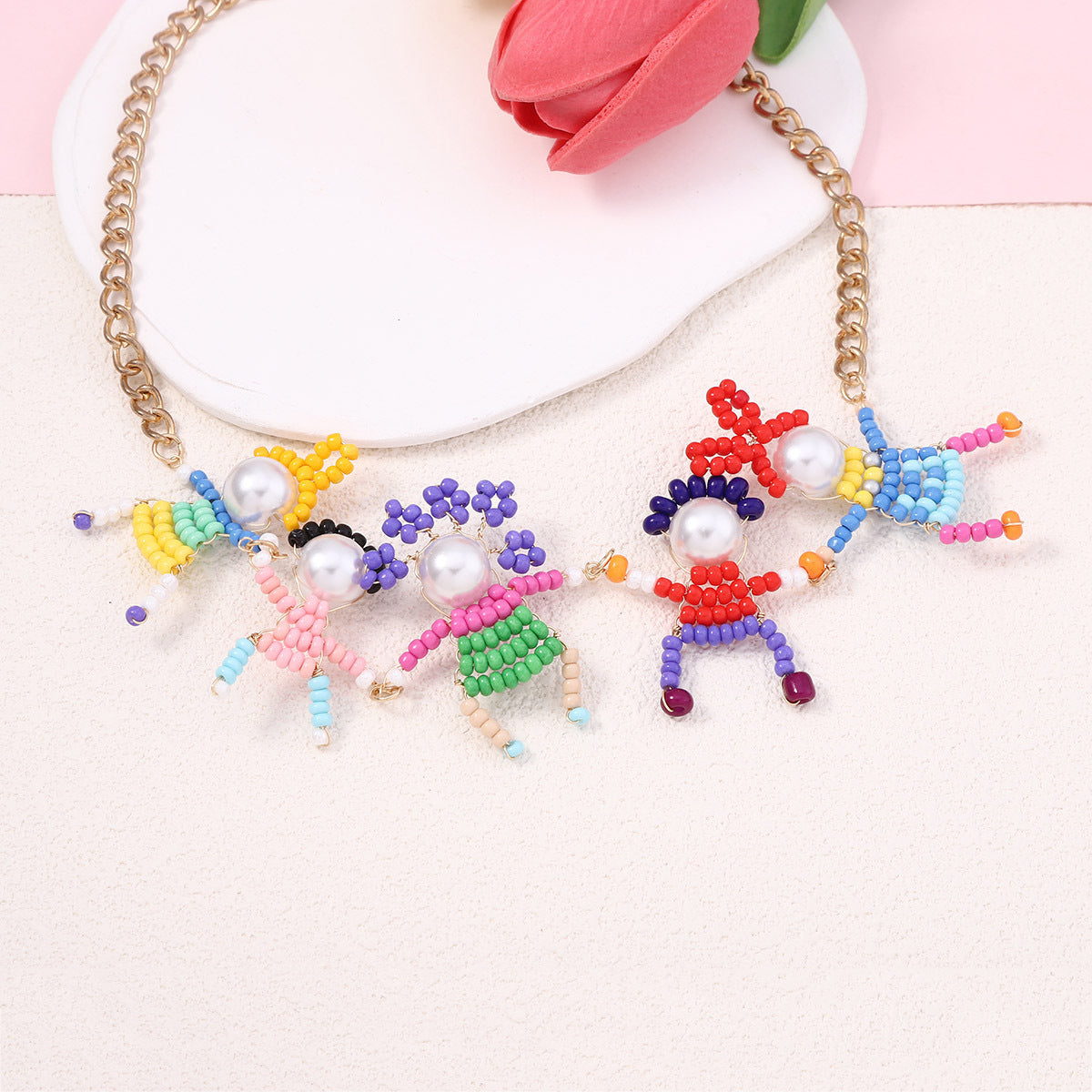 Charming Japanese-Korean Handmade Cartoon Beaded 3D Miniature Character Lock Chain Necklace – Adorable Casual Style for Everyday Wear