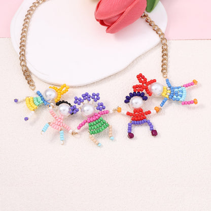 Charming Japanese-Korean Handmade Cartoon Beaded 3D Miniature Character Lock Chain Necklace – Adorable Casual Style for Everyday Wear