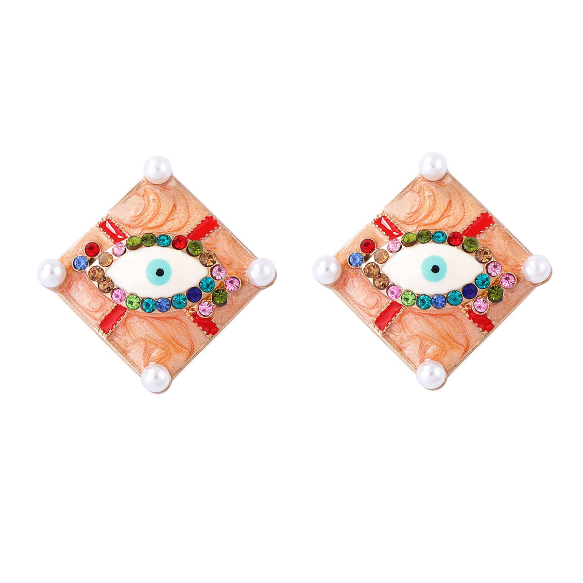 Minimalist Halloween Alloy Drip Oil Zircon Gemstone Devil Eye Geometric Square Stud Earrings - Unique Design for Spooky Style