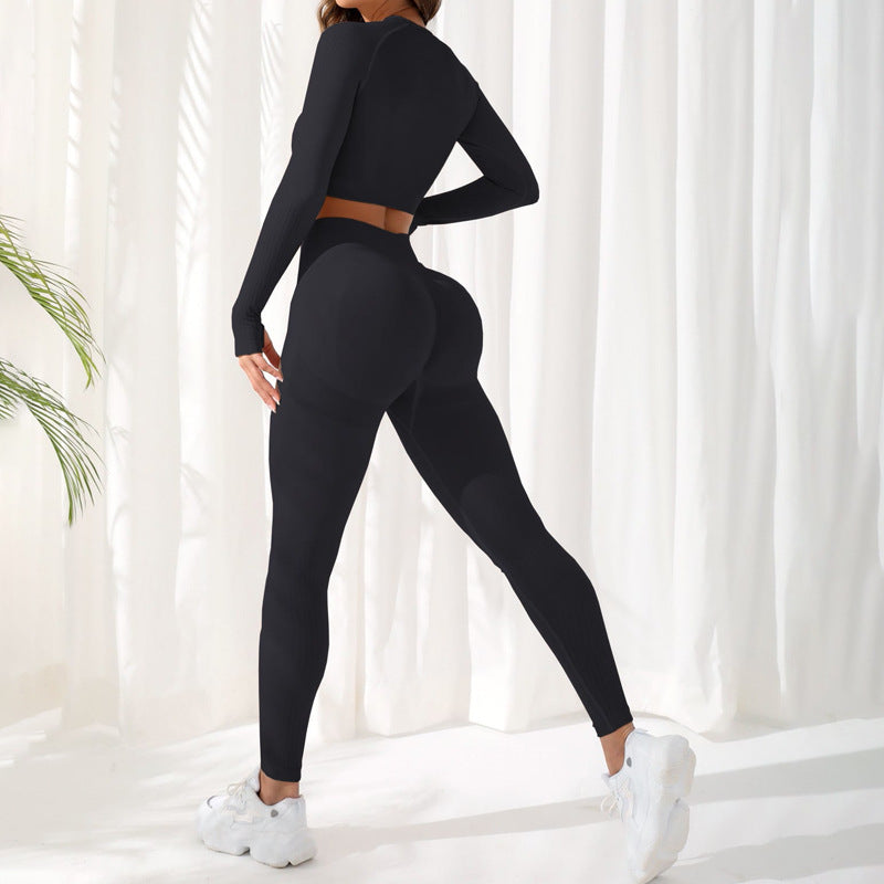 Women's Quick Dry Two Piece Yoga Outfit Set Long Sleeve Top and Pants for Outdoor Sports Running and Fitness Training