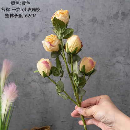 Realistic Faux Flower Arrangement - Five Elegant Burnt Roses for Home Decor & Wedding Decoration - YC1017