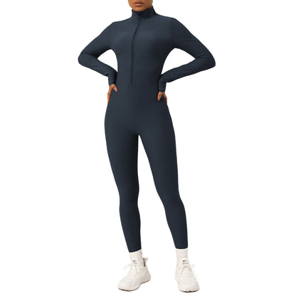 Zip Front Ribbed Long Sleeve Yoga Bodysuit High Neck Slim Fit Athletic One Piece for and Performance