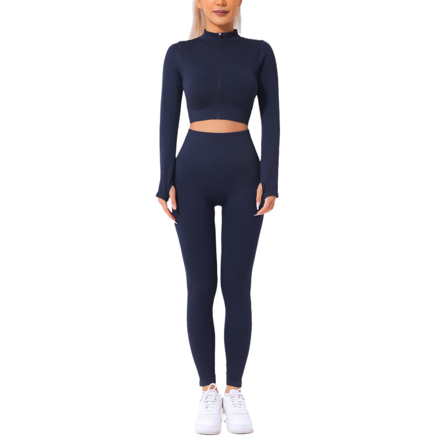 Women's Quick Dry Yoga Set Long Sleeve Zip Up Fitness Top High Waisted Tummy Control Yoga Pants for Comfort and Style