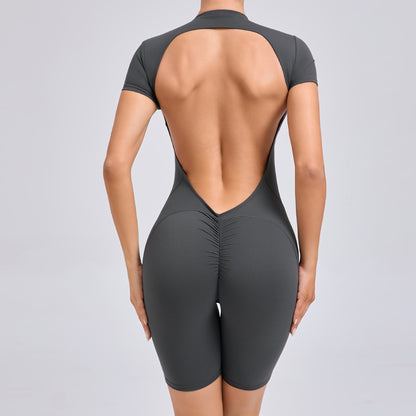 Backless Zipper Short Sleeve Yoga Bodysuit Dance Fitness One Piece Apparel for Optimal Comfort and Performance