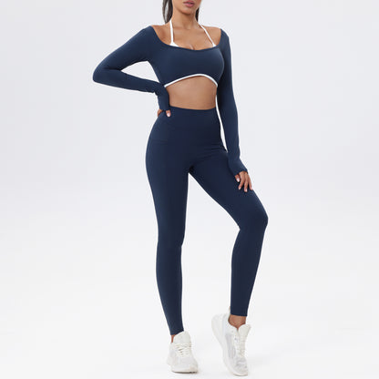 Women's Long Sleeve Compression Yoga Set with Built In Bra Quick Dry Activewear for Running Fitness and Gym Workouts