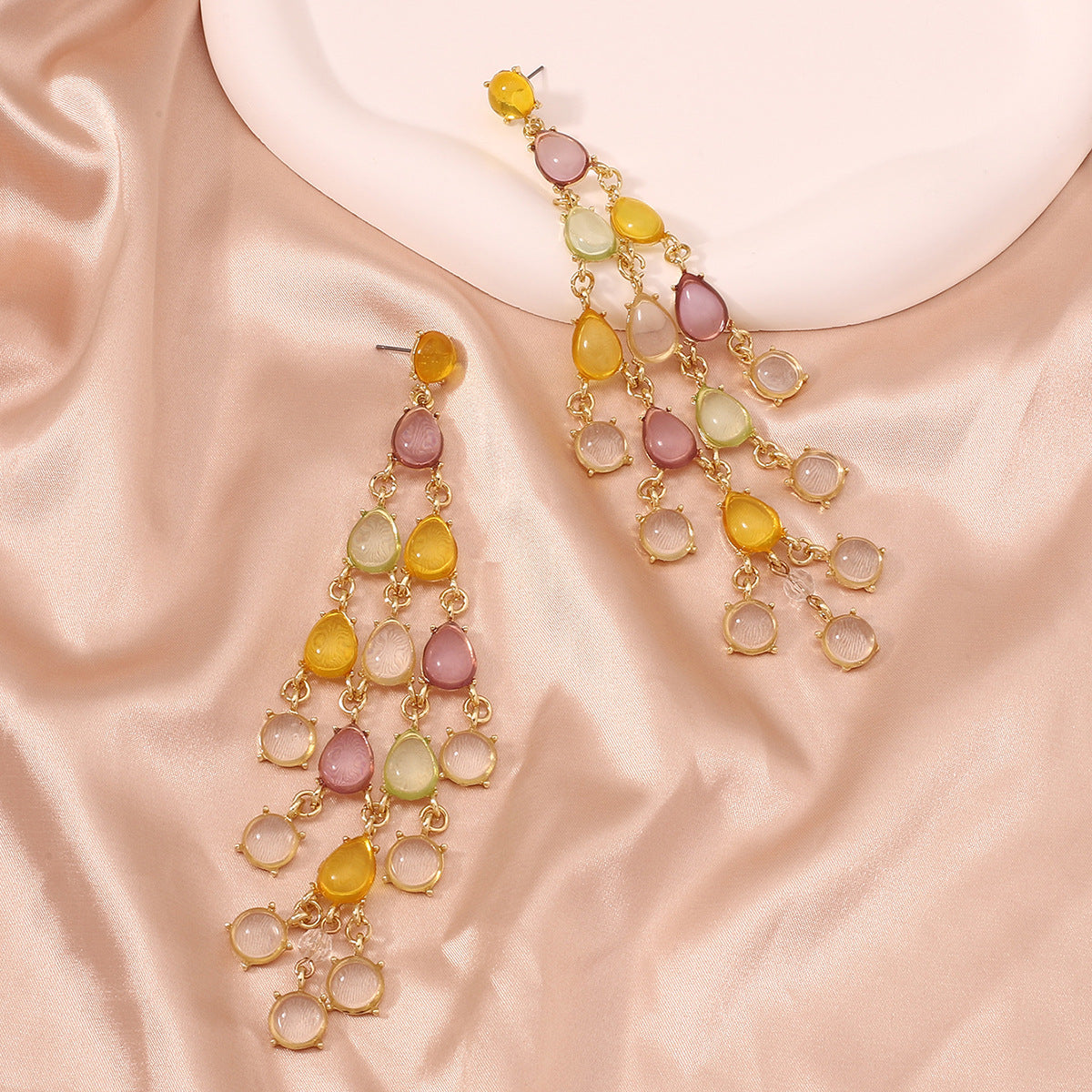 Exaggerated Long Water Drop Shape Glass Pendant Statement Earrings with Trendy Chain and Unique Tassels - Perfect for Fashion-Forward Individuals