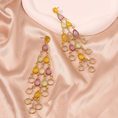 Exaggerated Long Water Drop Shape Glass Pendant Statement Earrings with Trendy Chain and Unique Tassels - Perfect for Fashion-Forward Individuals