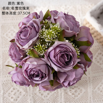 Artificial Snowy Rose Bouquet with Handle - Elegant INS-Style Decorative Faux Flowers for Home Decor - CL04001