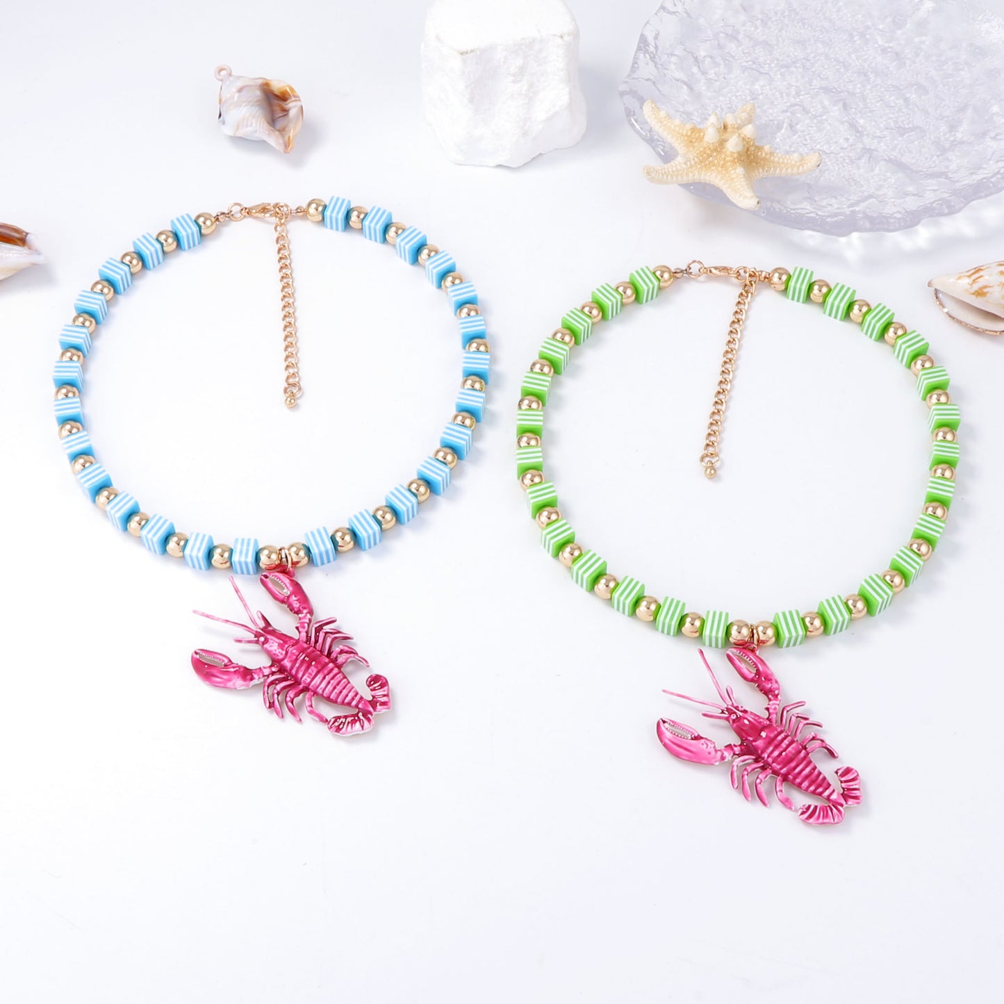Chic Summer Ocean-Inspired Handcrafted Colorful Beaded Alloy Lobster Pendant Necklace for Women - Versatile and Stylish Accessory