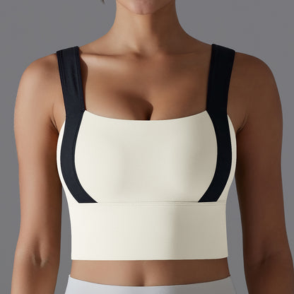 Color Block Wide Strap Sports Bra with Removable Pads for Running Yoga and Fitness for Women