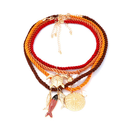 Handcrafted Summer Ocean-Inspired Colorful Rope Necklace with Unique Alloy Marine Animal Pendants – Perfect Accessory for Beach Lovers